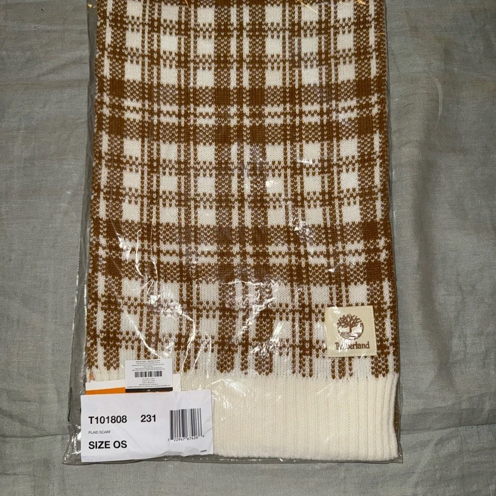 Timberland Cream and Brown Checkered Scarf